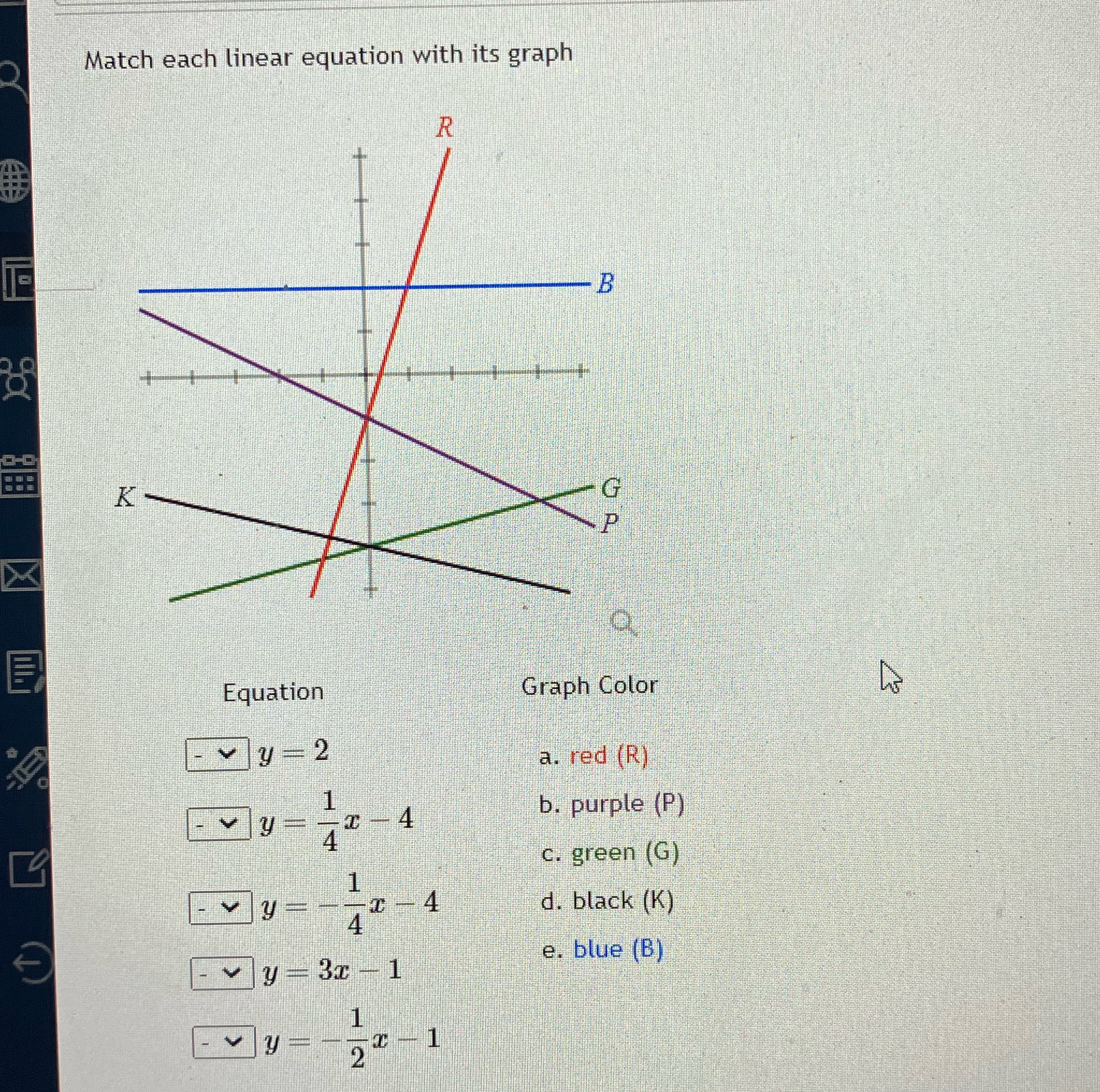 Match each linear equation with its graph B K