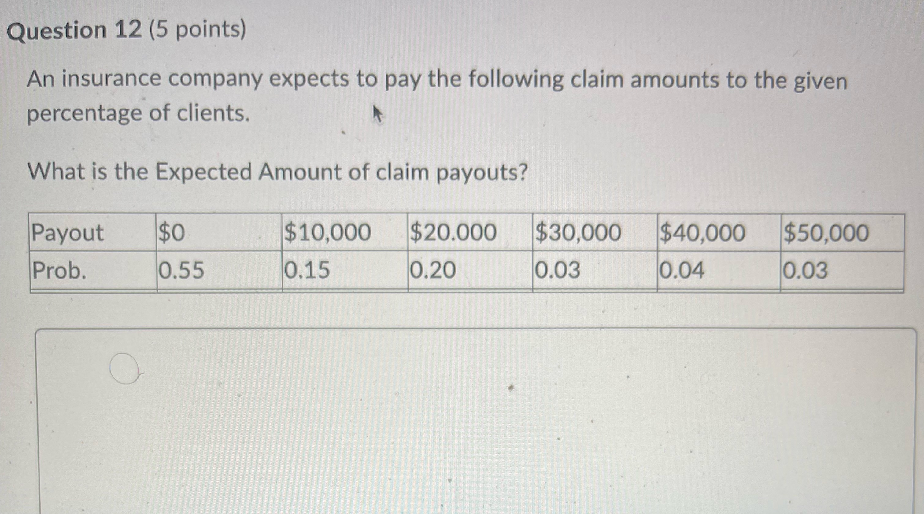 Question 12 (5 points) An insurance company
