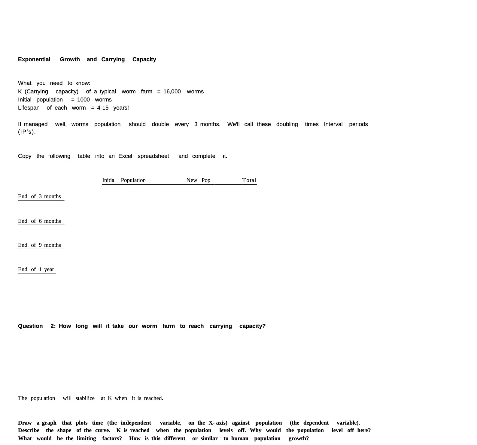 Exponentiad Growlh and Carrying Capacity What you