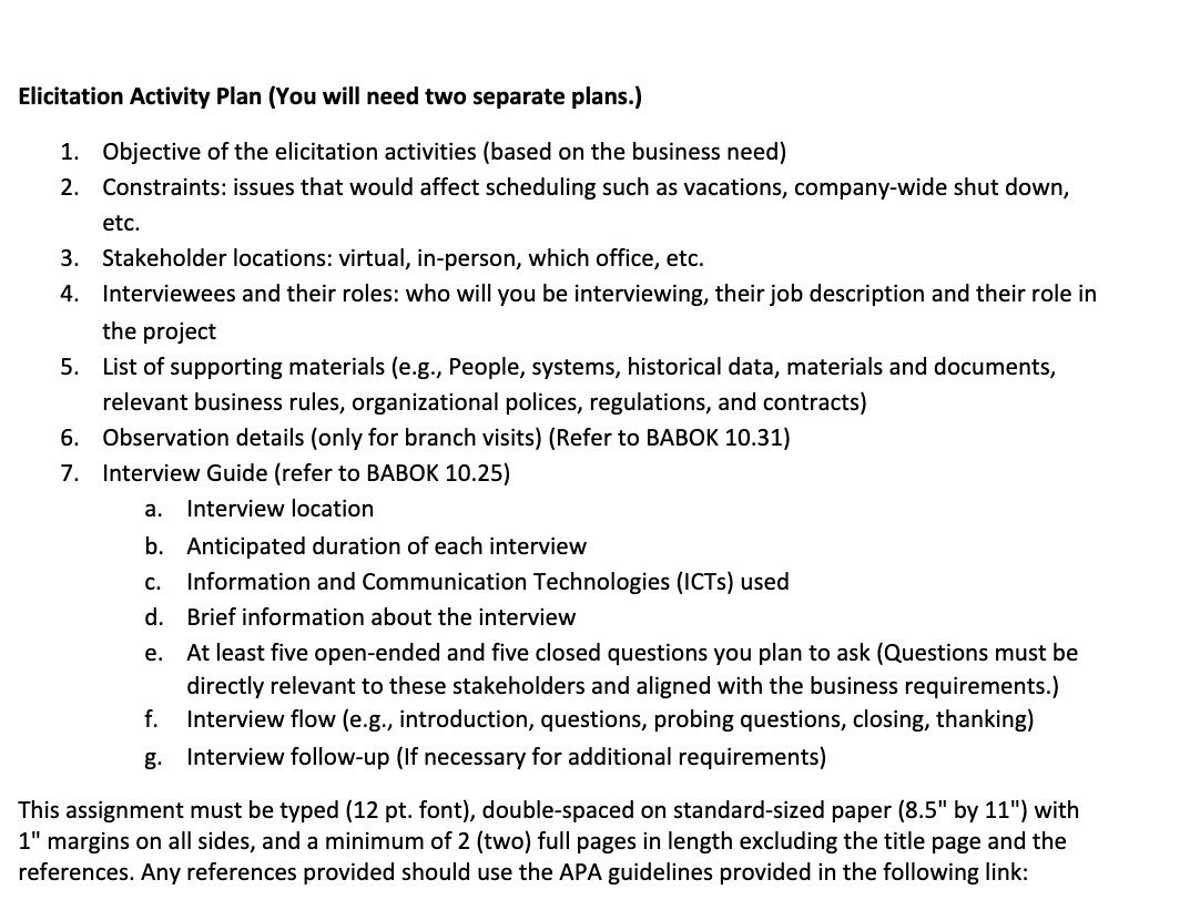 Elicitation Activity Plan (You will need two