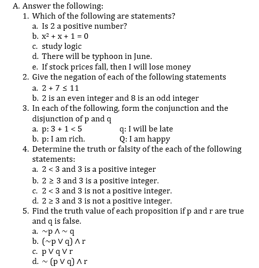 A. Answer the following: 1. Which of the