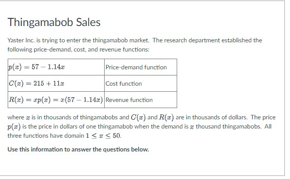 Thingamabob Sales Yaster Inc. is trying to enter