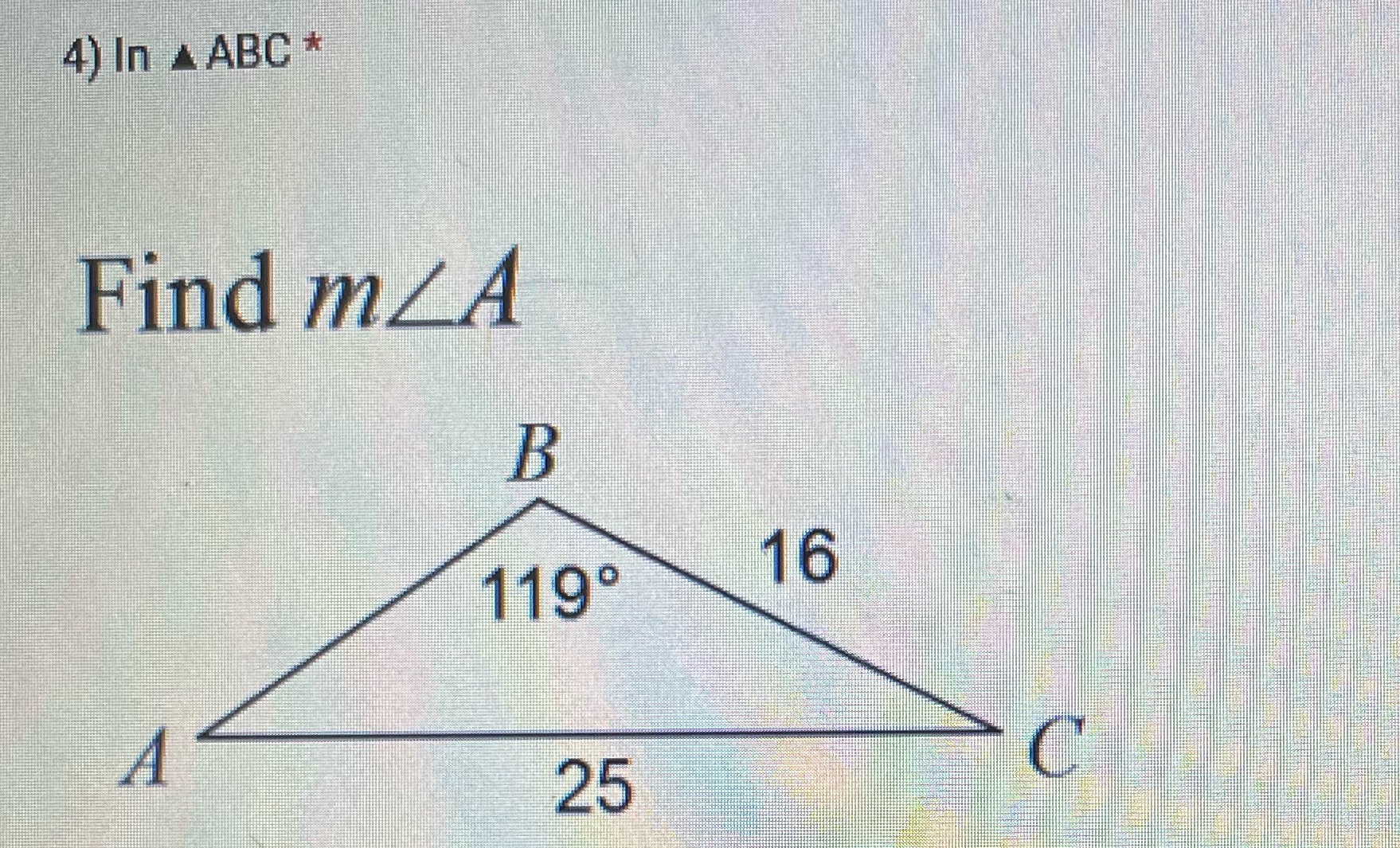 Find the missing angle using the law or sine.