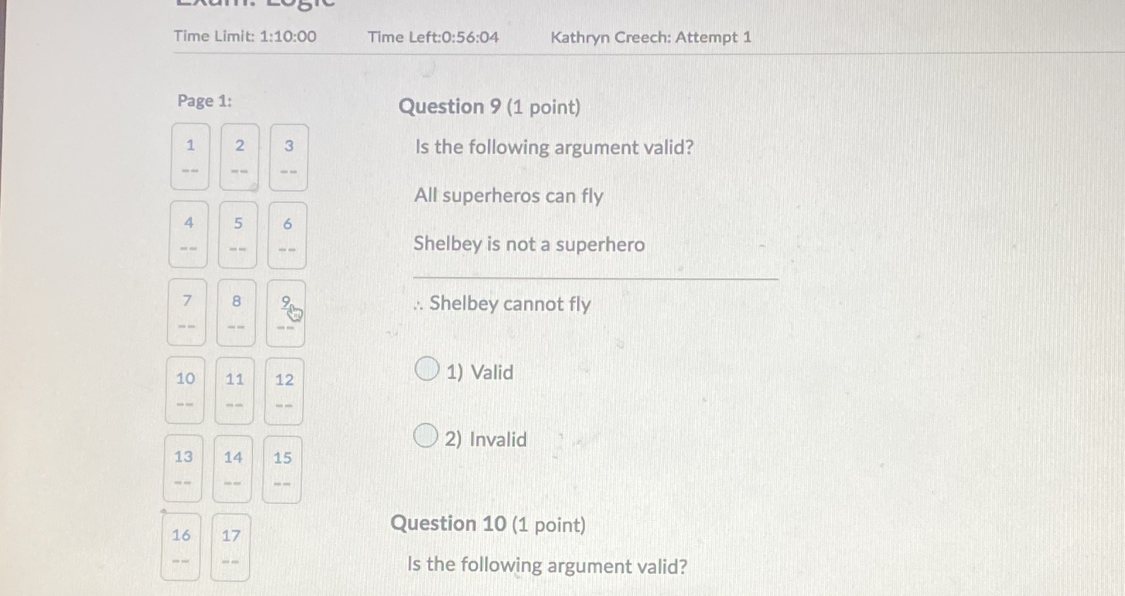 Time Limit: 1:10:00 Time Left:0:56:04 Kathryn