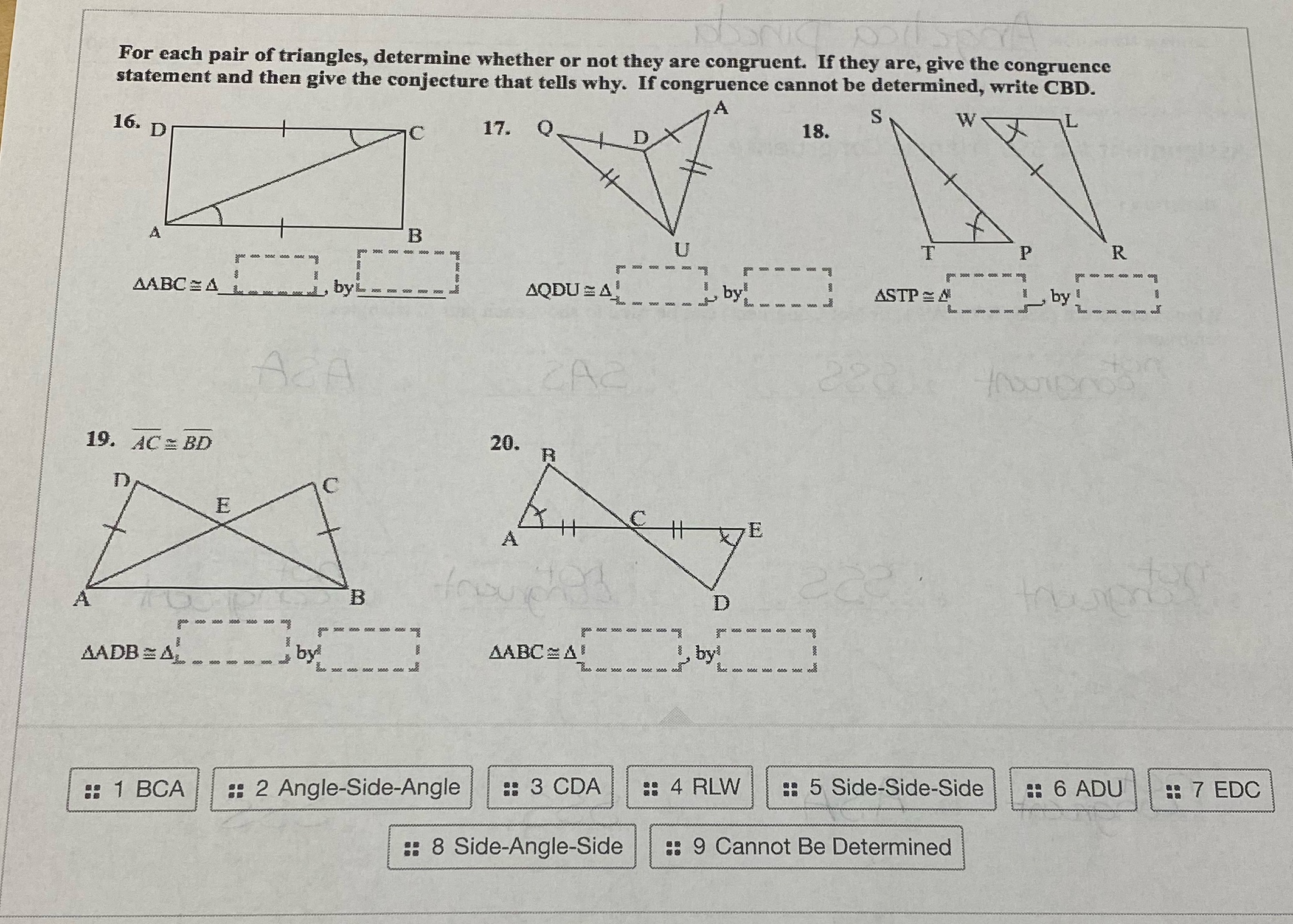 For each pair of triangles, determine whether or