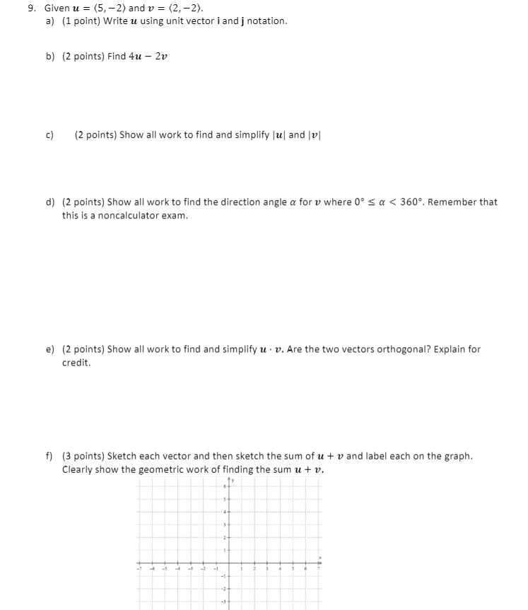 9. Given u = (5, -2) and v = (2, -2). a) (1