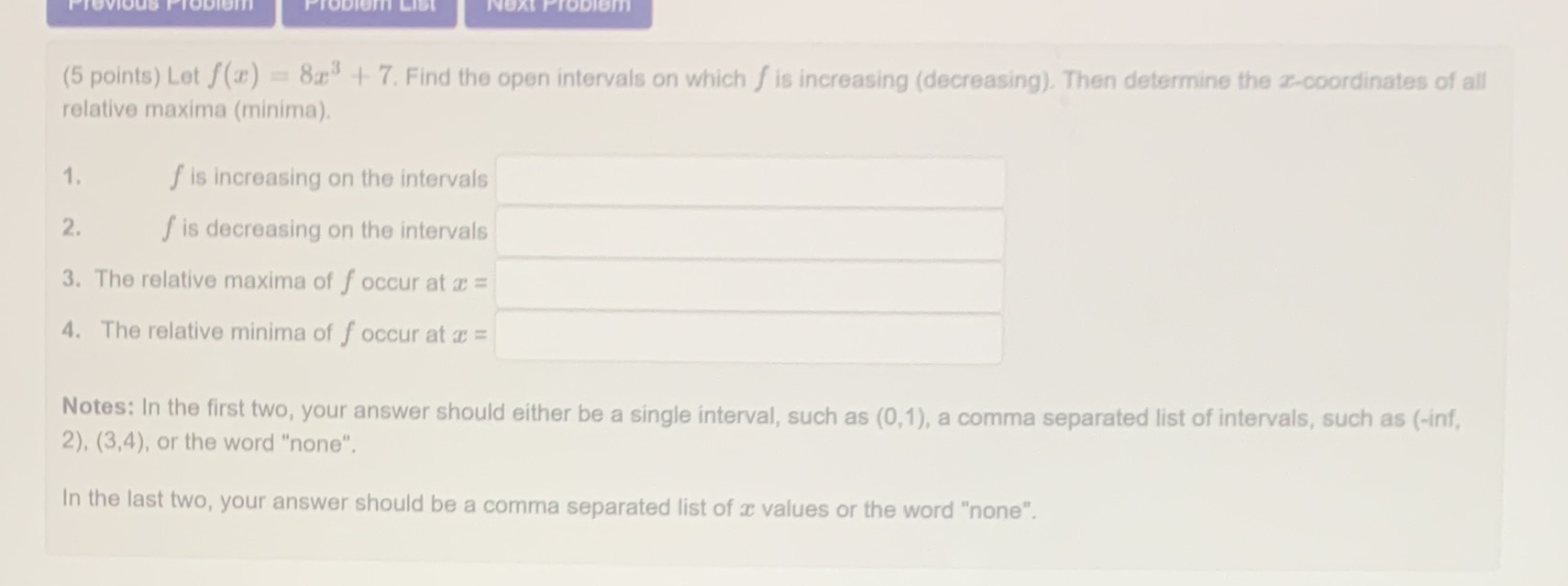 ODIem (5 points) Let f(:) = 8: + 7. Find the open