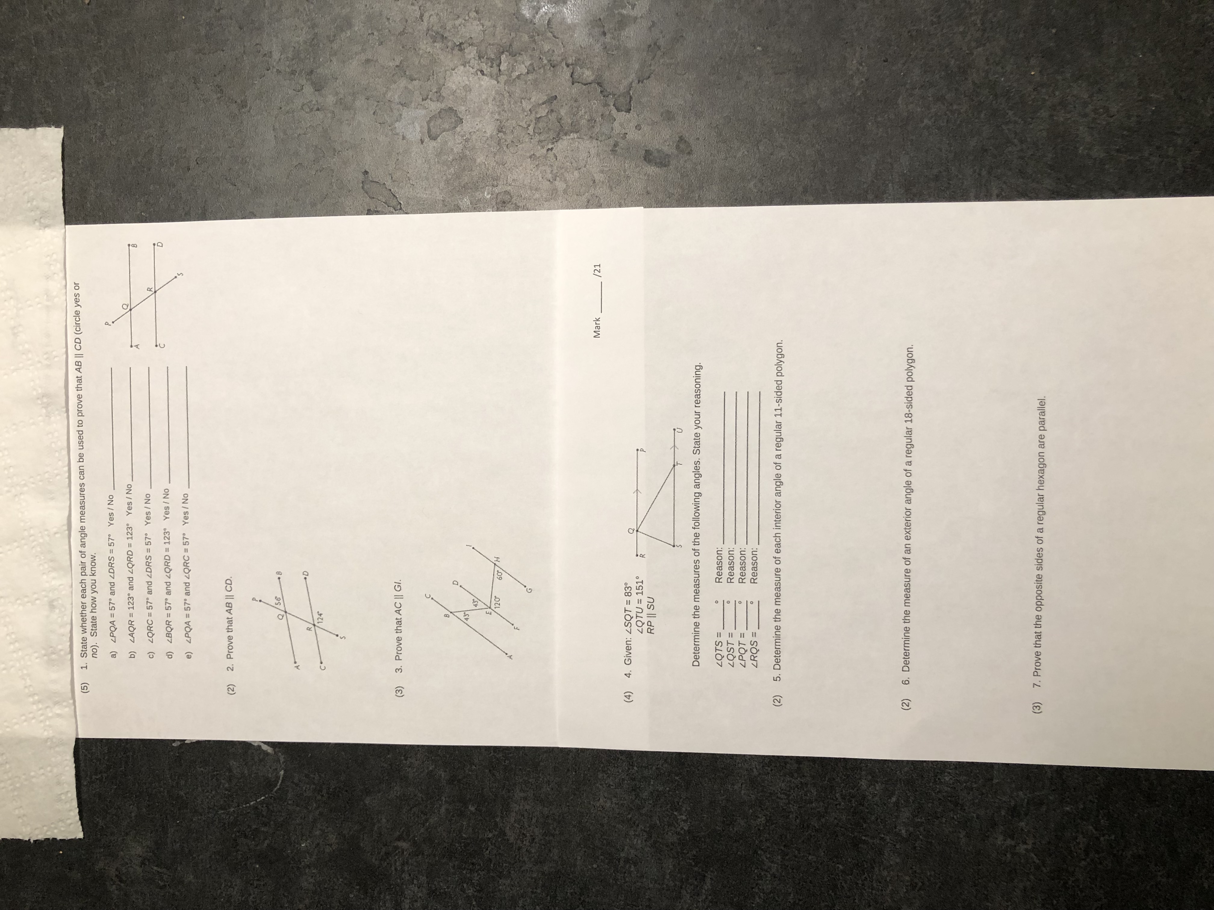 (5) 1. State whether each pair of angle measures