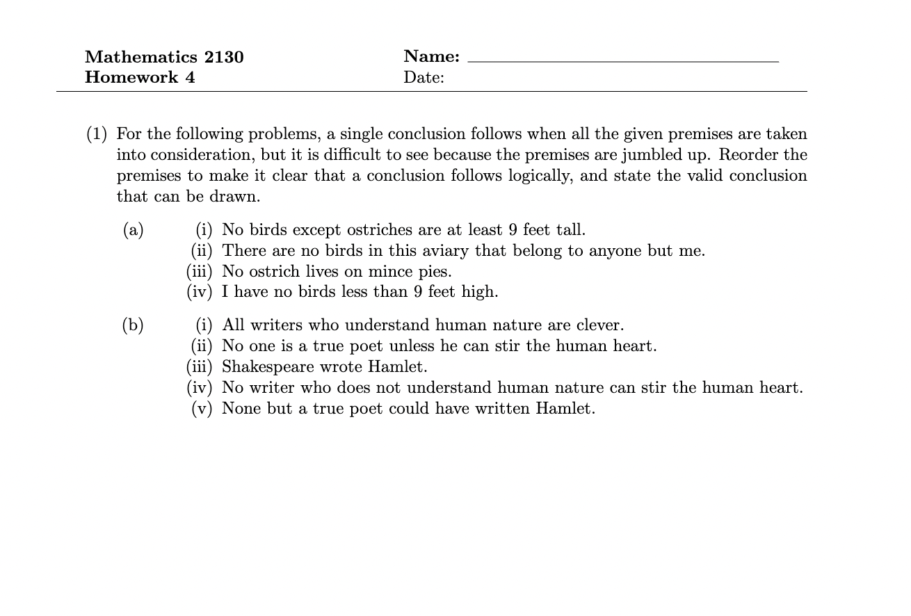 Mathematics 2130 Name: Homework 4 Date: (1) For