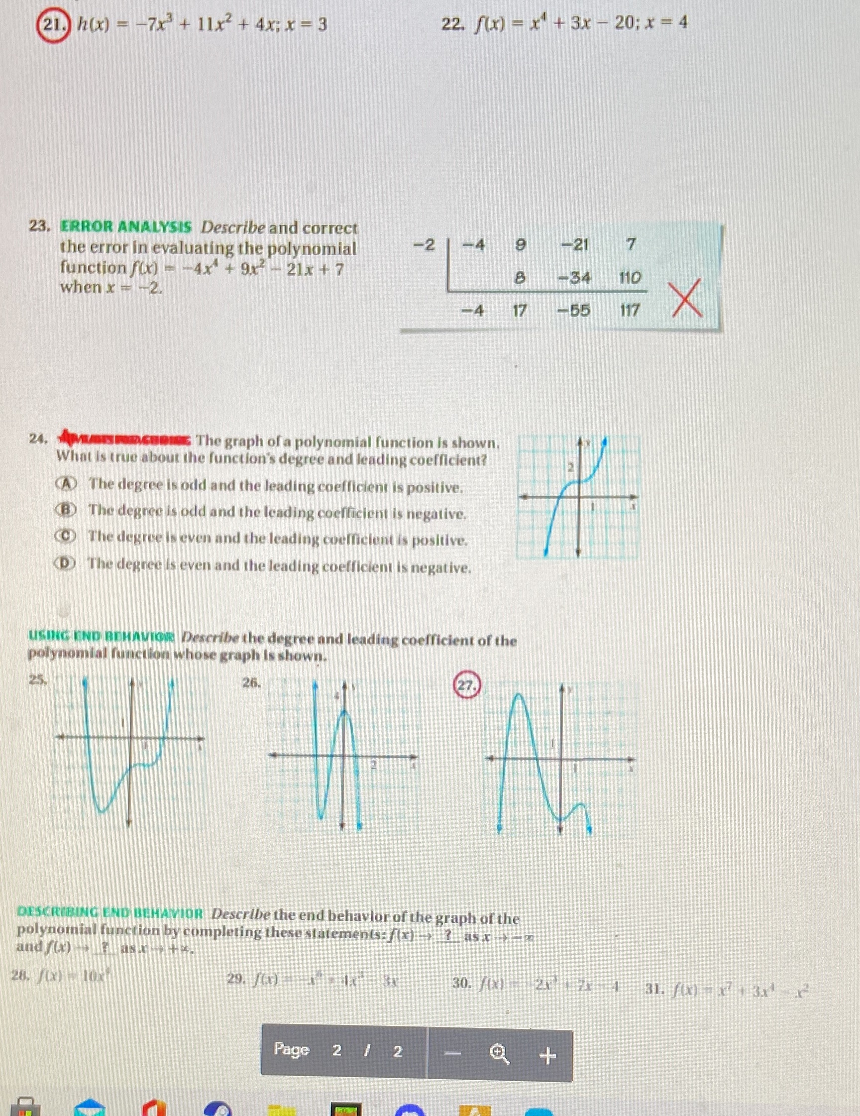 21. h(x) = -7x3 + 11x2 + 4x; x=3 22. f(x) - x +