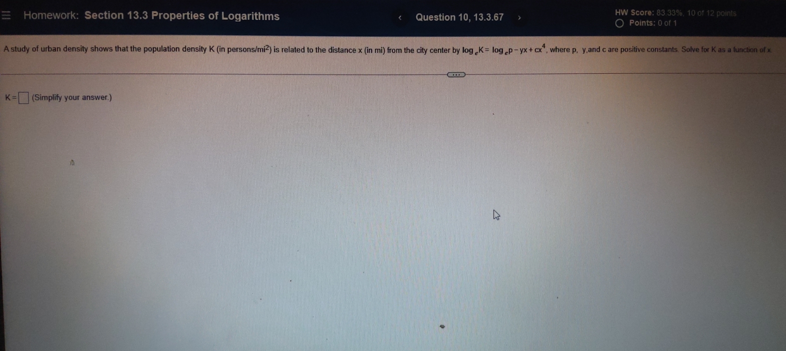 Solve for K as a function of x. E Homework: