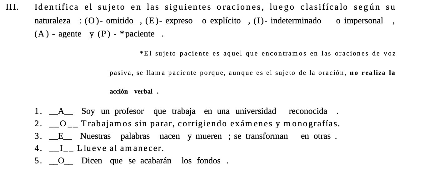 III. Identifica el sujeto en las siguientes