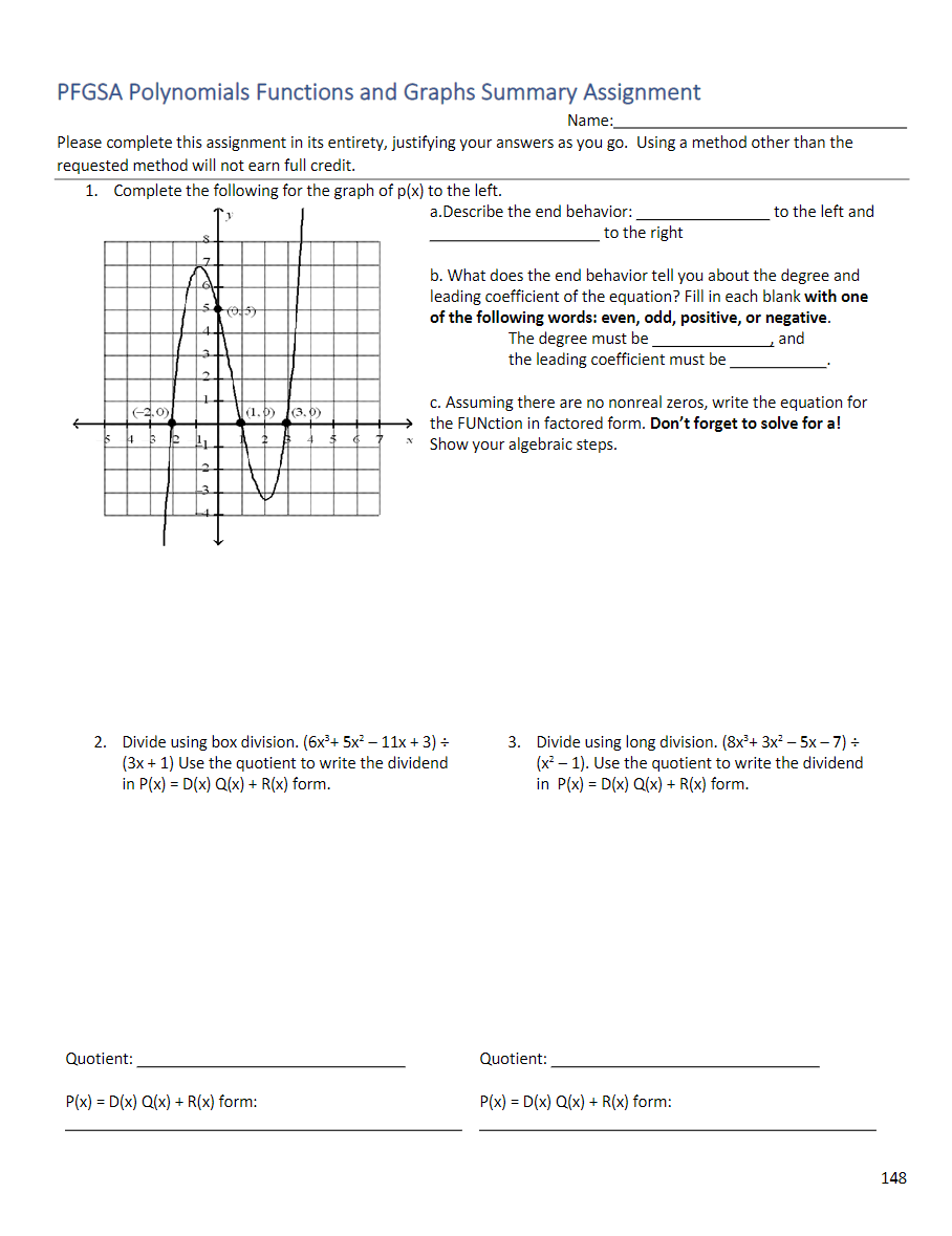 PFGSA Polynomials Functions and Graphs Summary