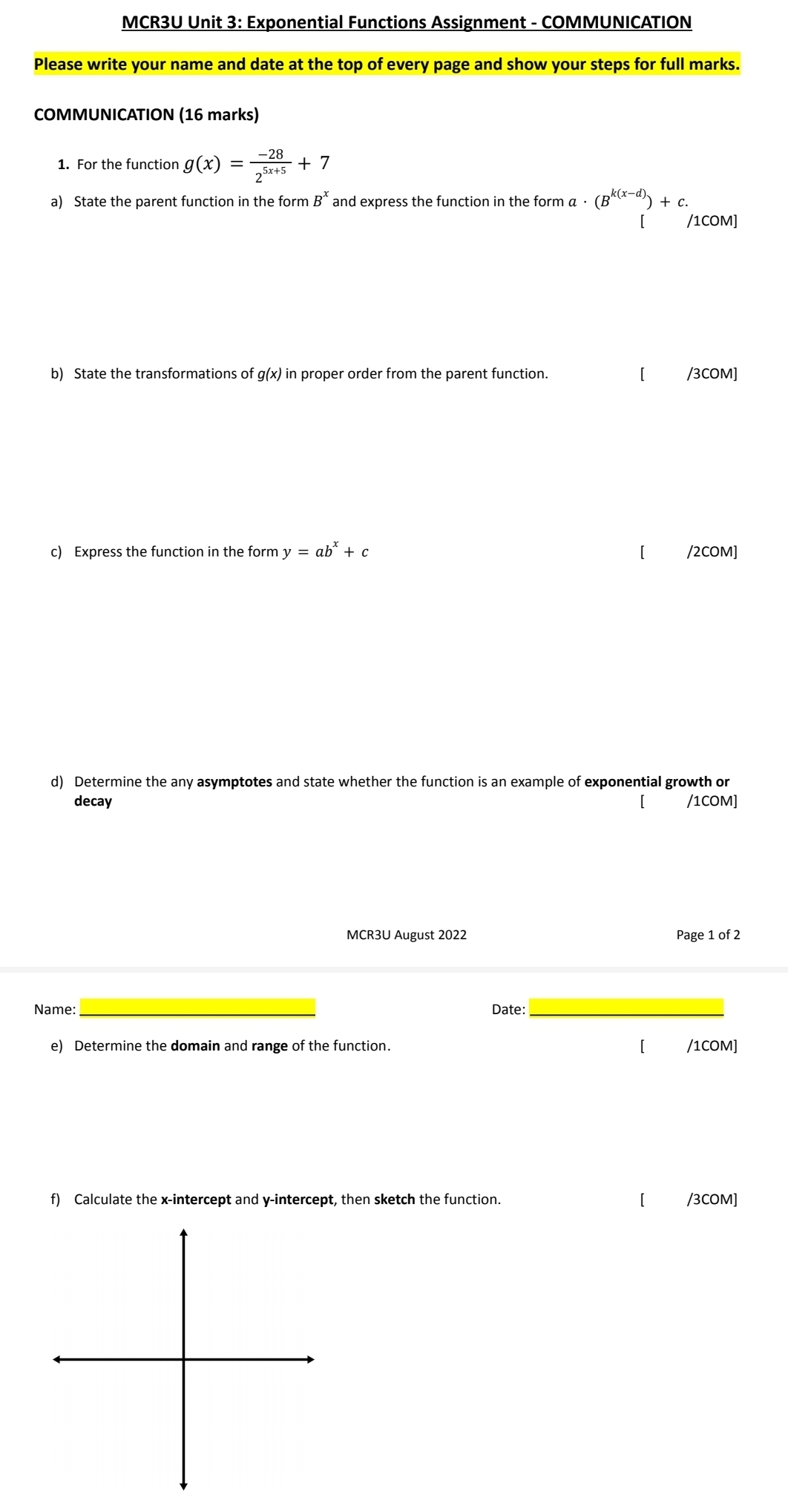 grade 11 exponent unit MCR3U Unit 3: Exponential