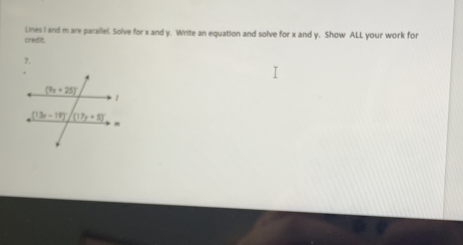 Lines I and m are parallel. Solve for x and y.