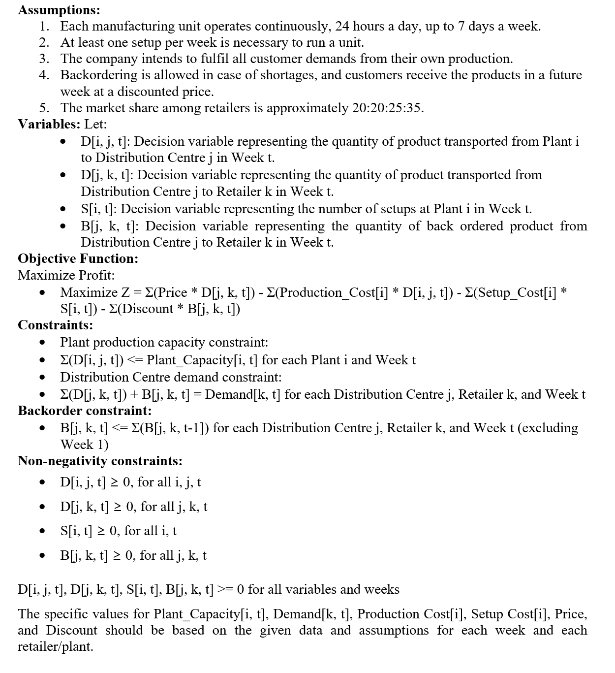 Assumptions: 1. Each manufacturing unit operates