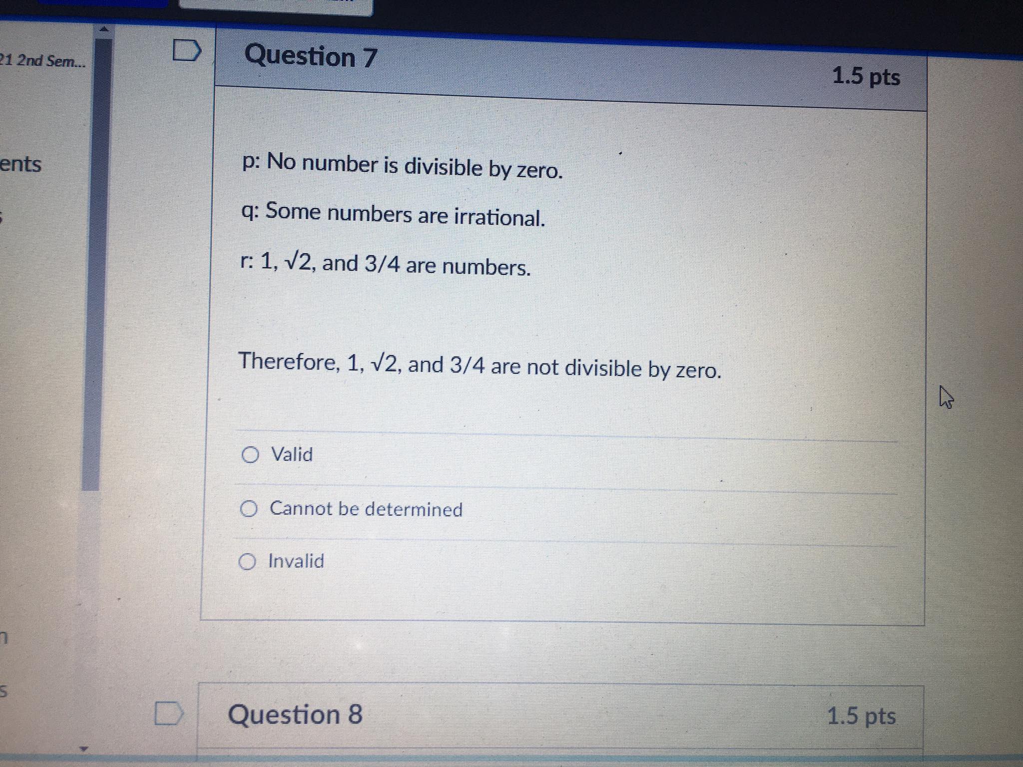 D 1 2nd Sem... Question 7 1.5 pts ents p: No