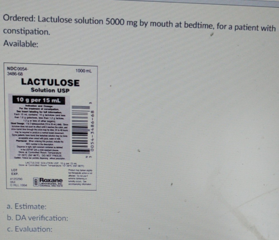equation set up Ordered: Lactulose solution 5000