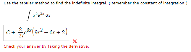 Use the tabular method to find the indefinite