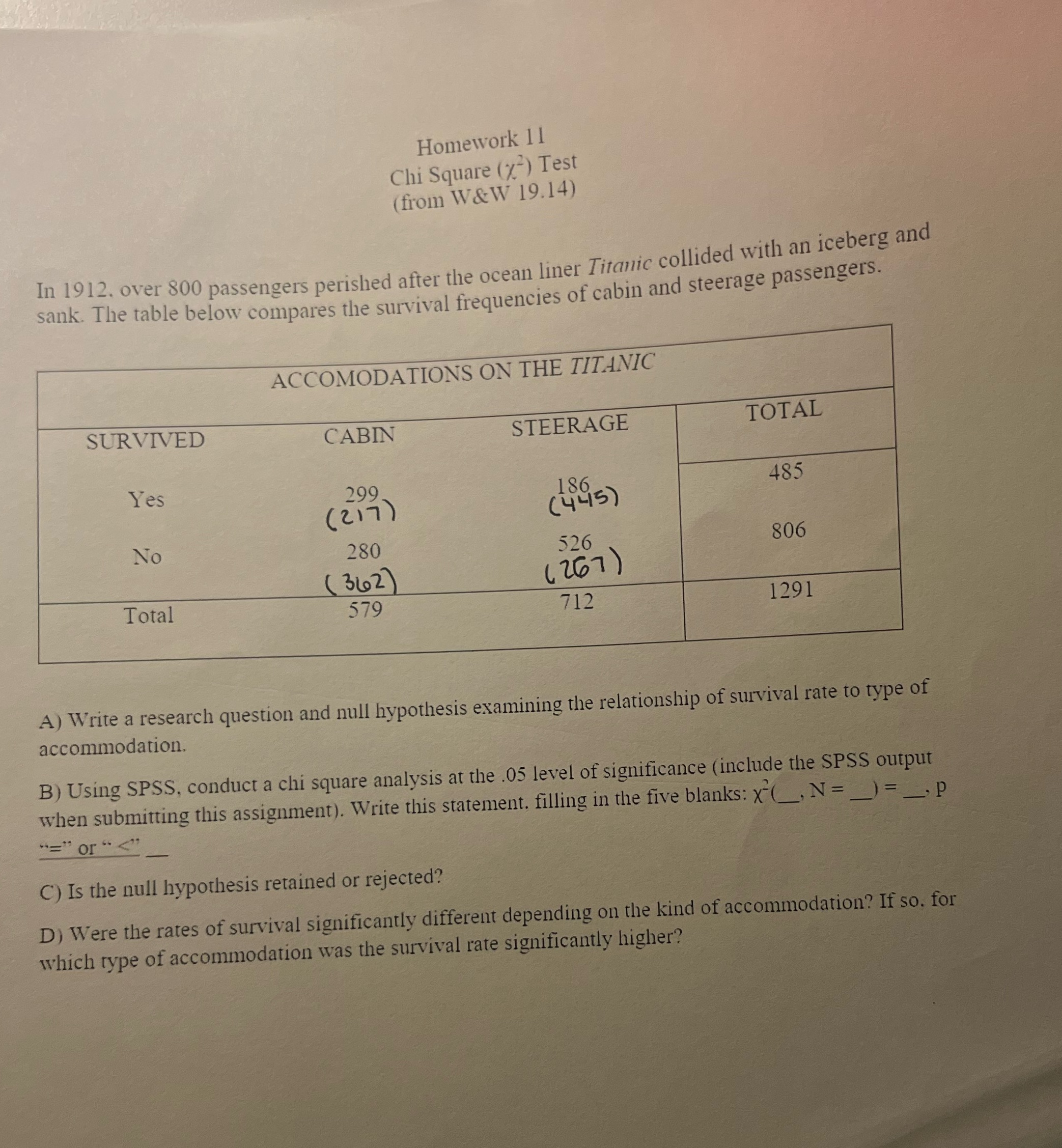 Homework 11 Chi Square (X-) Test (from W&W 19.14)