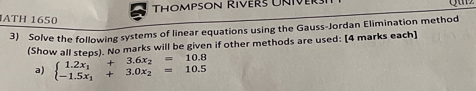 THOMPSON RIVERS UNIVERSI Quiz ATH 1650 3) Solve
