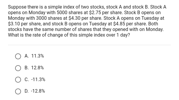 Suppose there is a simple index of two stocks,