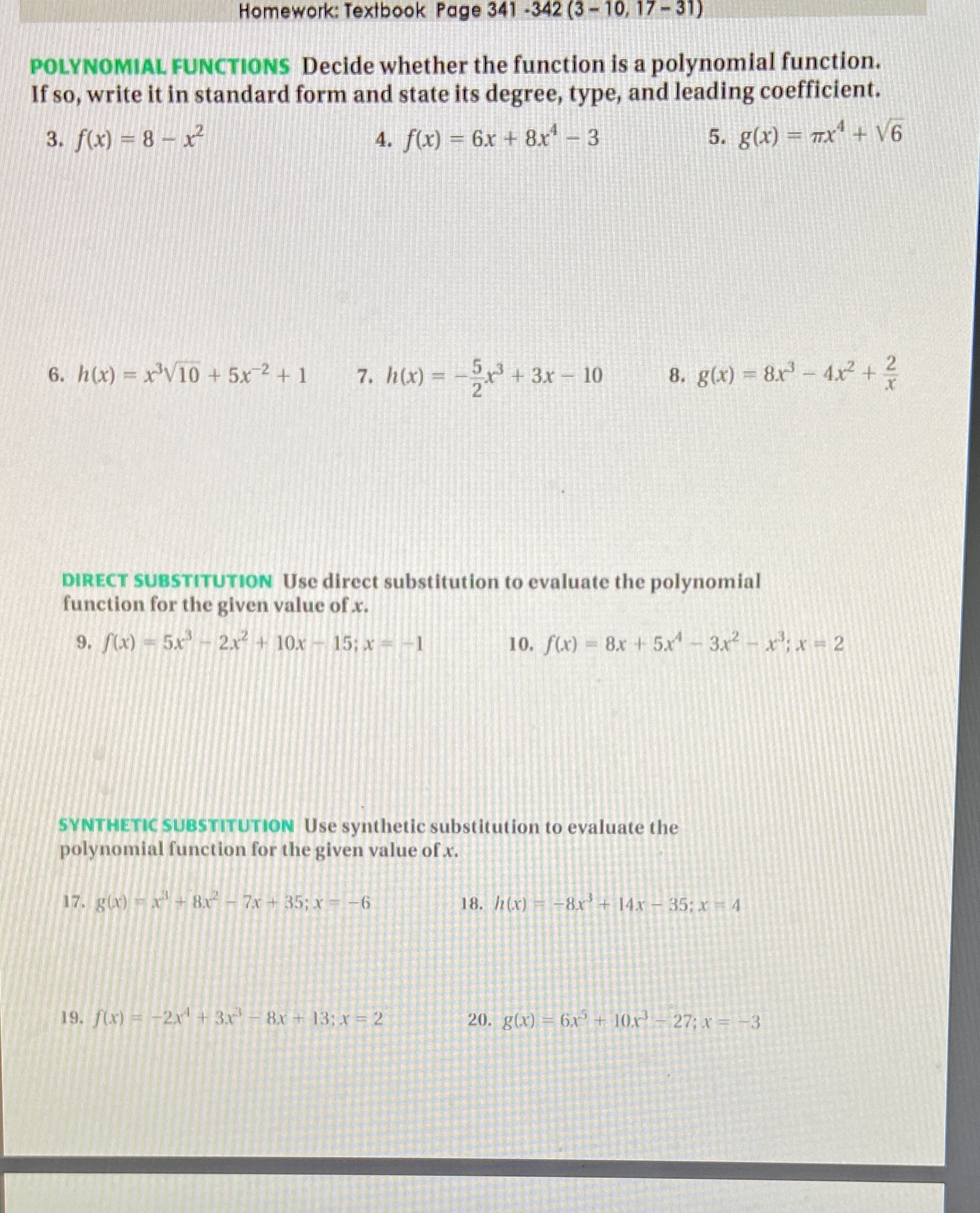 Homework: Textbook Page 341 -342 (3 - 10, 17 -