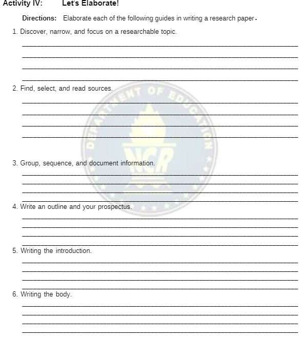 Activity IV: Let's Elaborate! Directions: