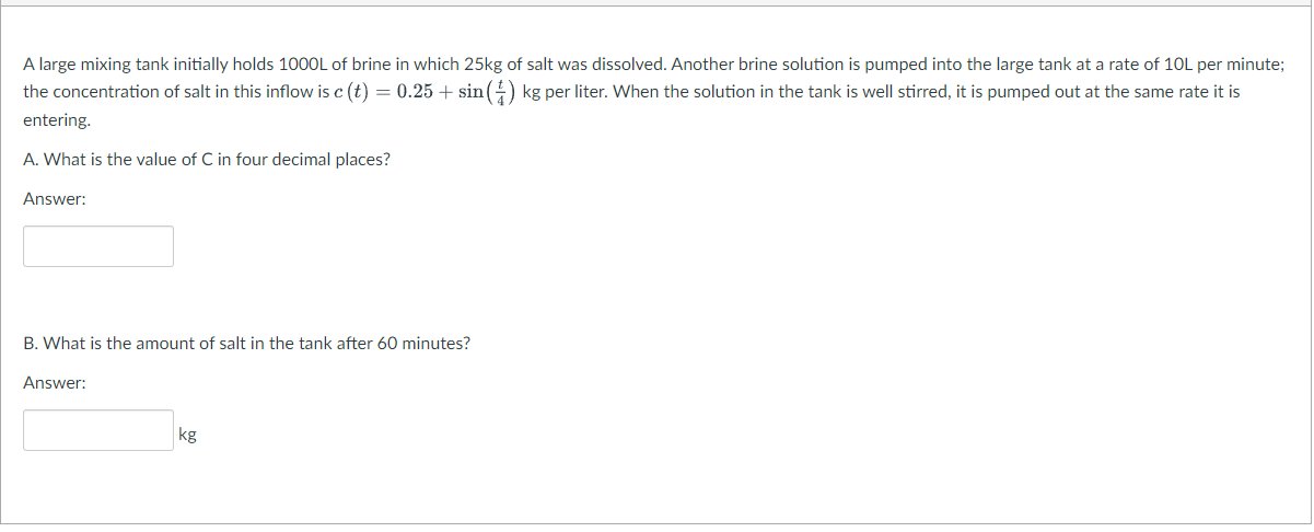 A large mixing tank initially holds 1000L of