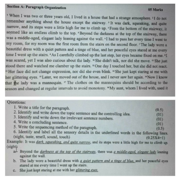 Section A: Paragraph Organization 05 Marks " When