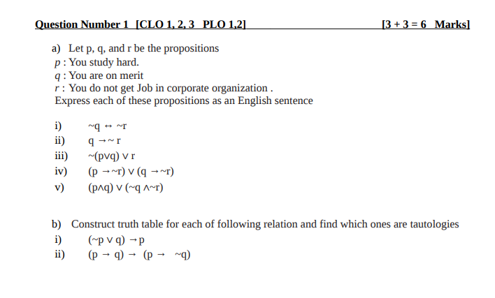 Question Number 1 [CLO 1, 2, 3 PLO 1,2] [3 + 3 =6