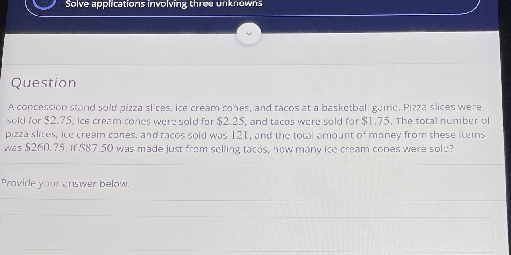 Solve applications involving three unknowns