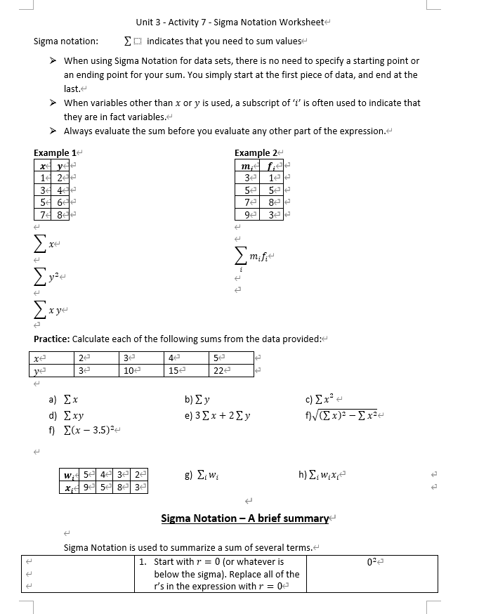 J |_ Unit 3 Activity F Sigma Notation