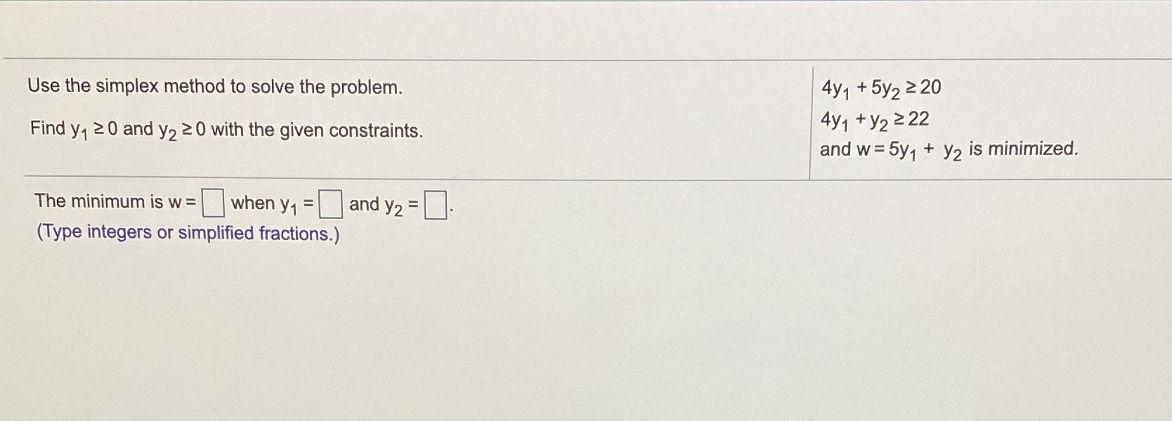 Use the simplex method to solve the problem. 4y1