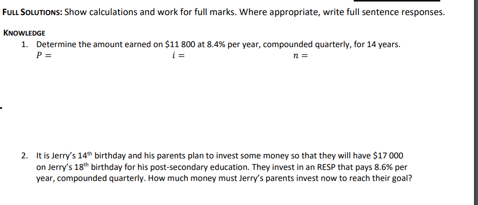 FULL SoLuTIoNs: Show calculations and work for