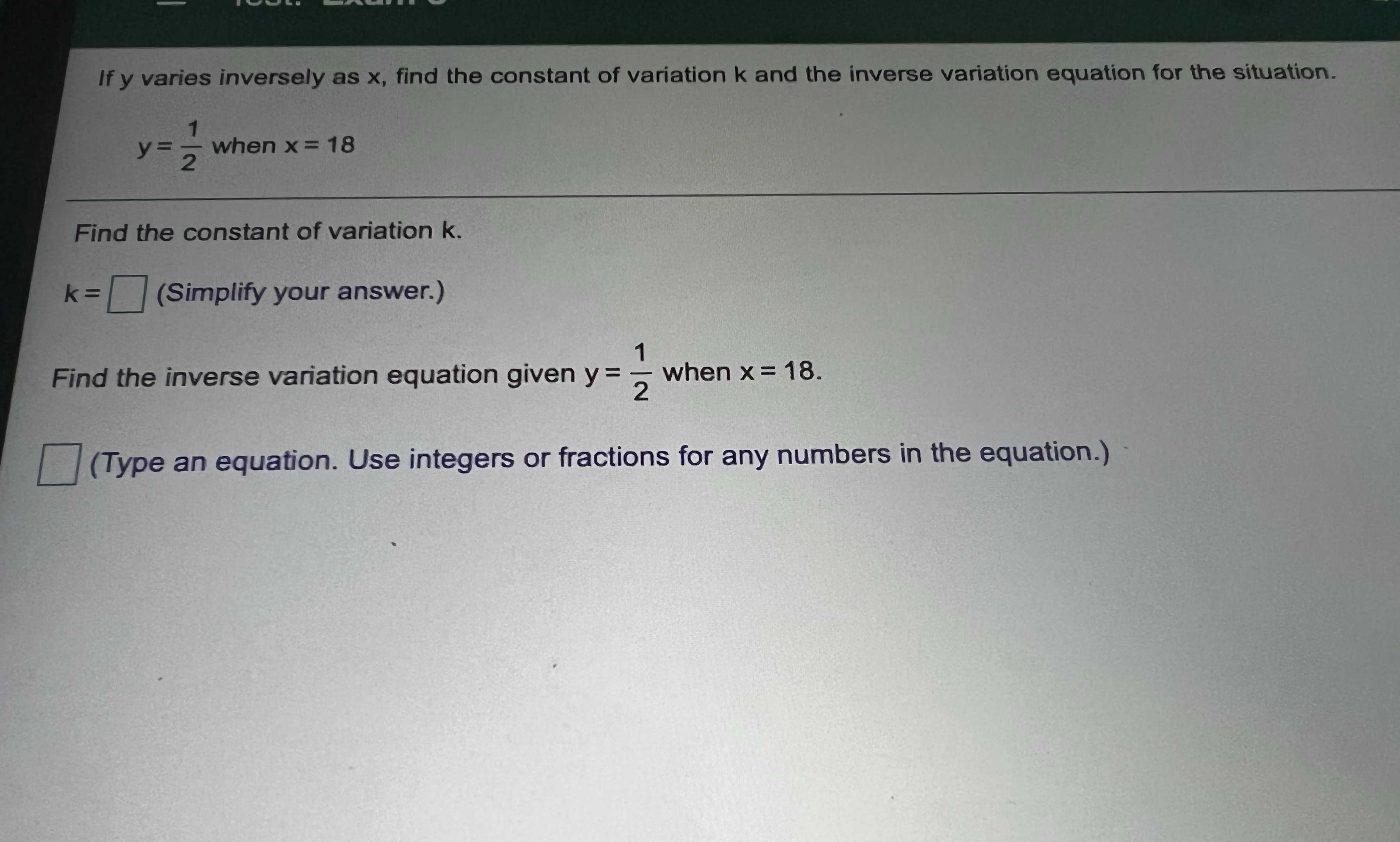 If y varies inversely as x, find the constant of