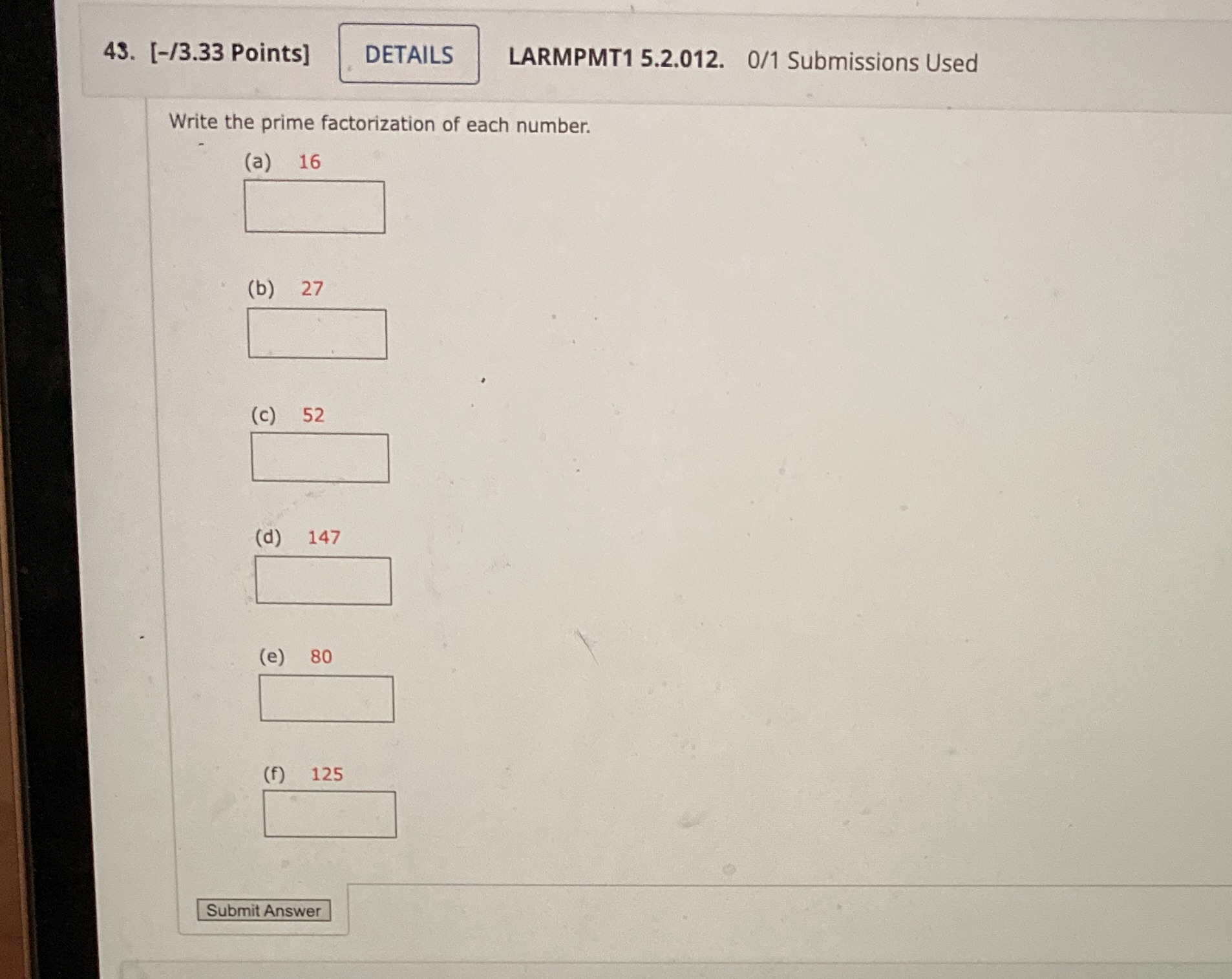 43. [-/3.33 Points] DETAILS LARMPMT1 5.2.012. 0/1
