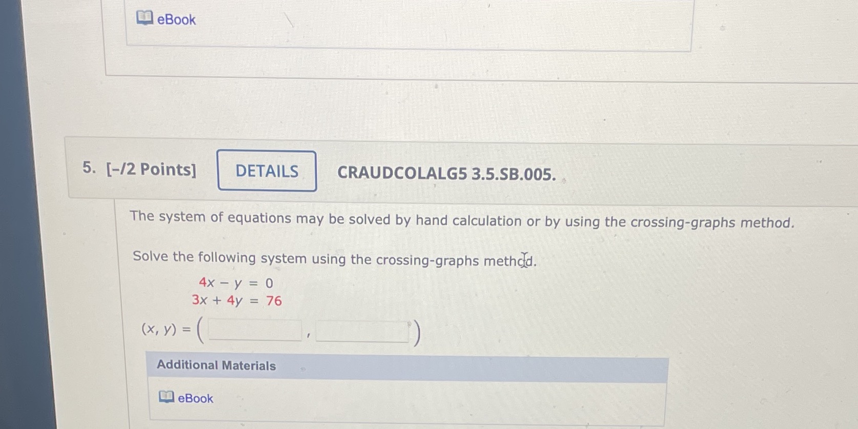 BeBook 5. [-/2 Points] DETAILS CRAUDCOLALG5