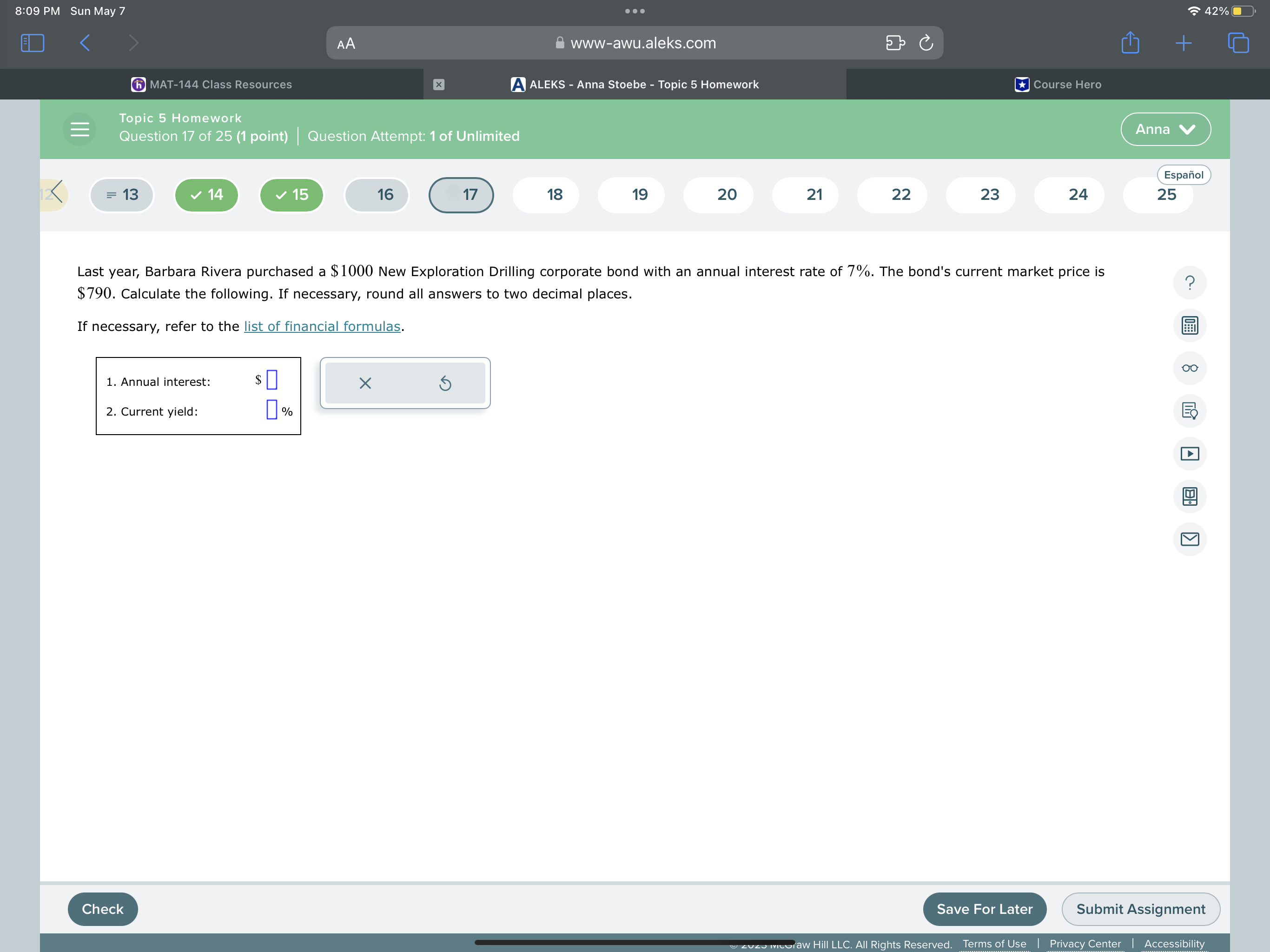 8:09 PM Sun May 7 . . . 42% AA awww-awu.aleks.com