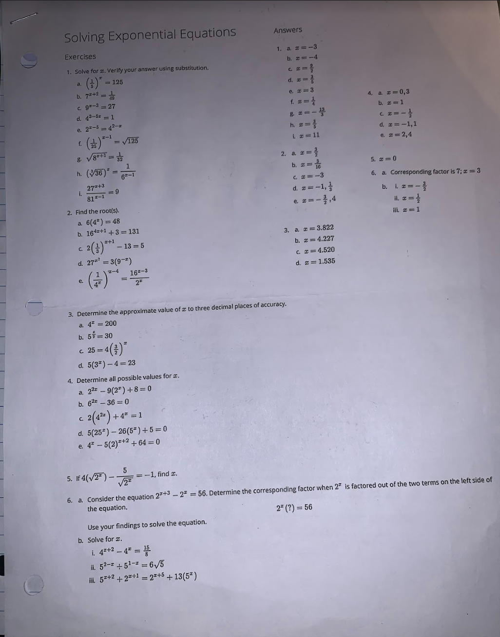 Solving Exponential Equations Answers Exercises