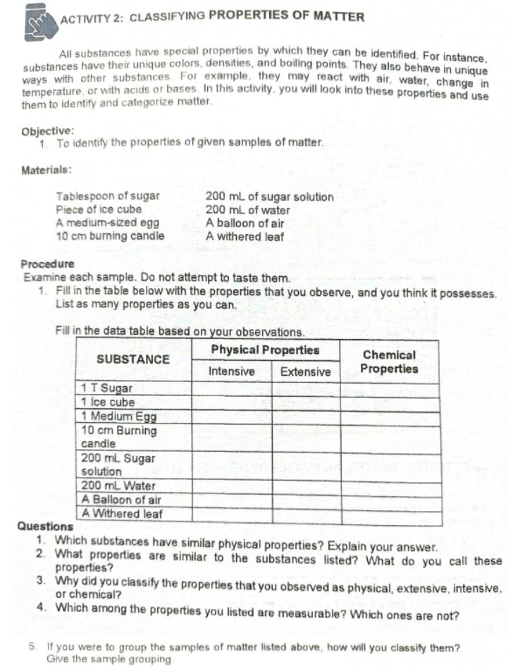 ACTIVITY 2: CLASSIFYING PROPERTIES OF MATTER All