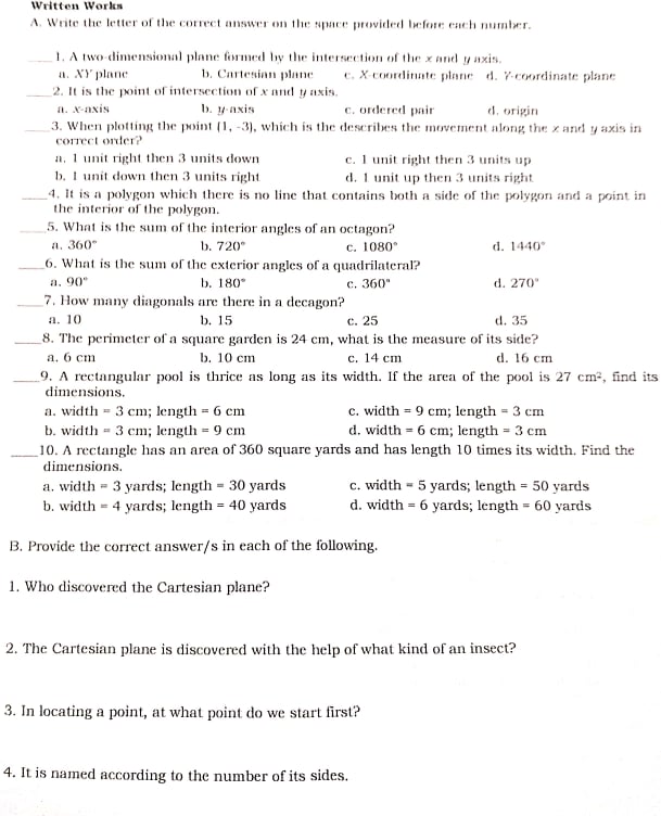 Written Works A. Write the letter of the correct