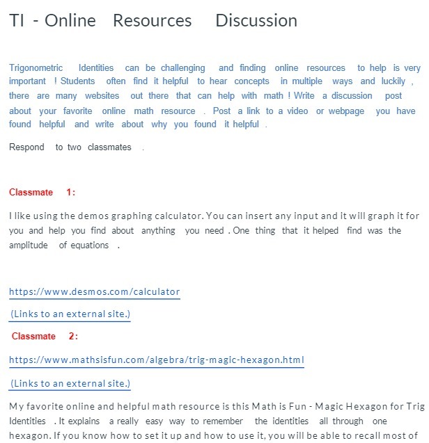 TI - Online Resources Discussion Trigonometric