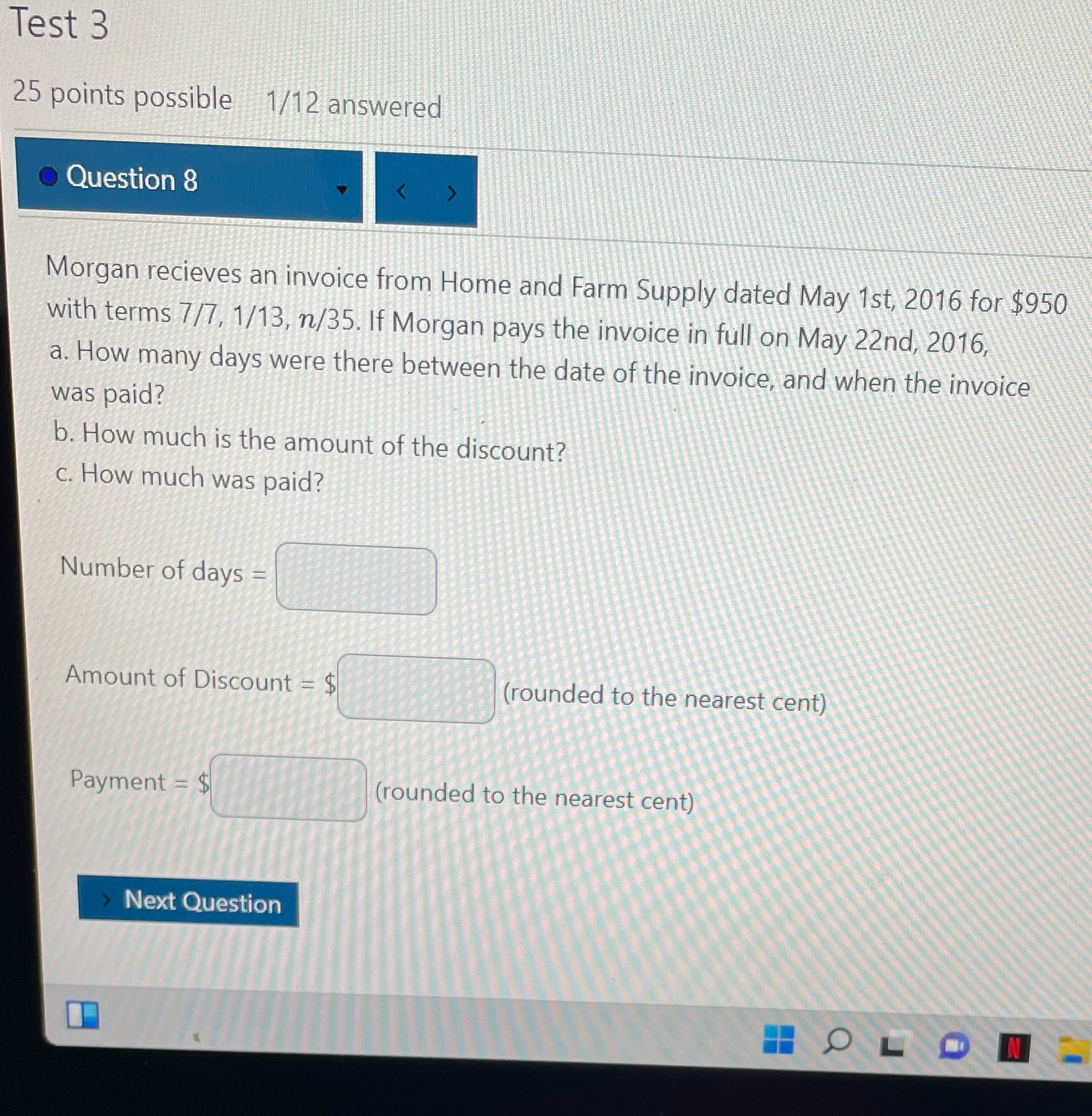 Test 3 25 points possible 1/12 answered .