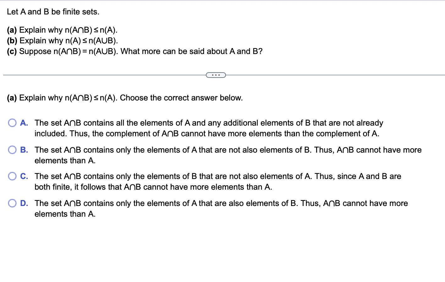 Let A and B be nite sets. (a) Explain why n(AnB)