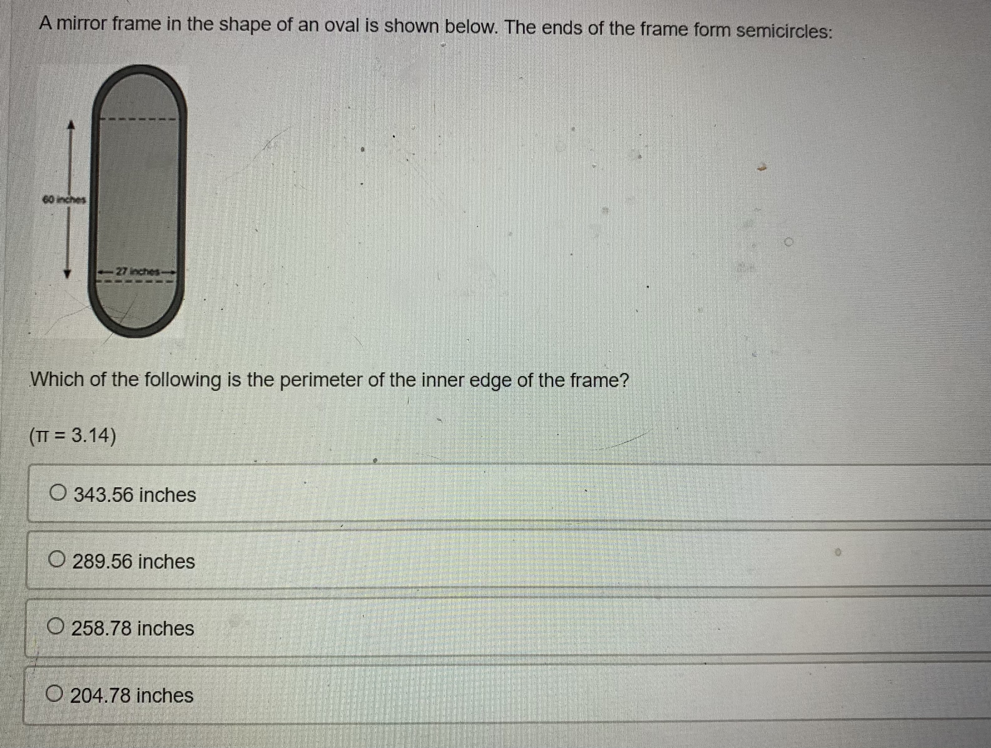 A mirror frame in the shape of an oval is shown