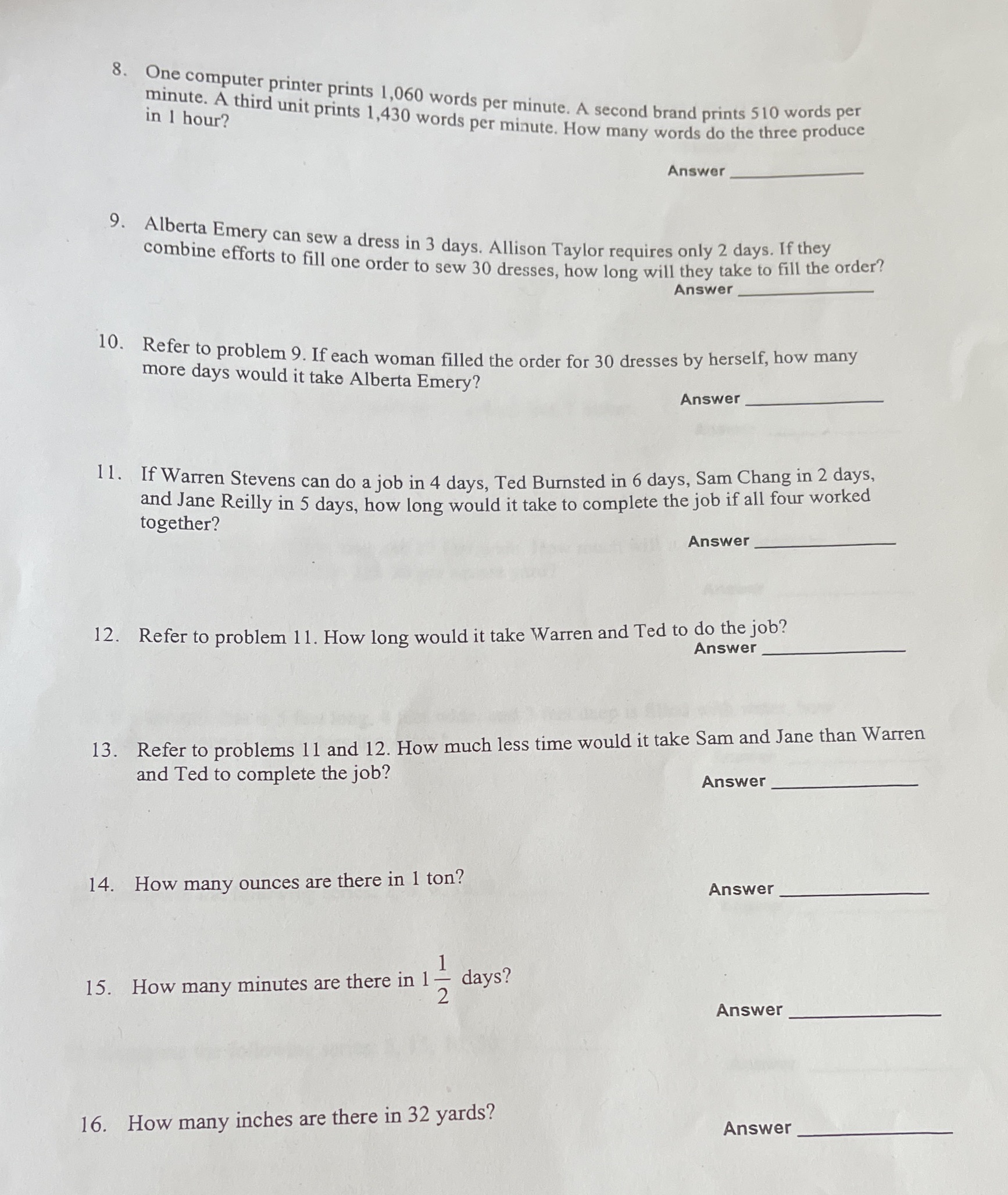 8. One computer printer prints 1,060 words per