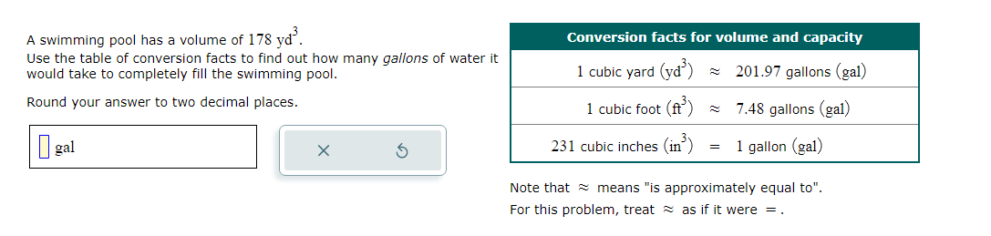 A swimming pool has a volume of 178 yd".