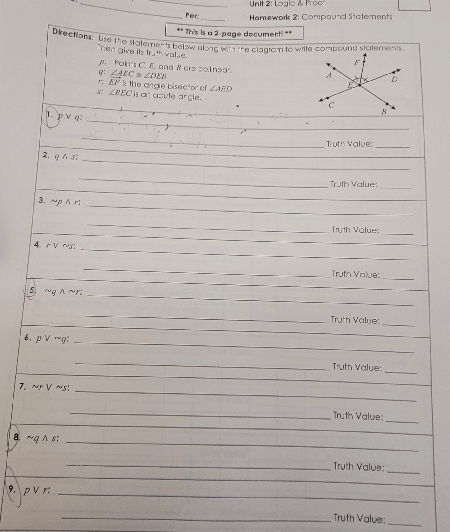 Unit 2: Logic & Proof Per: Homework 2: Compound