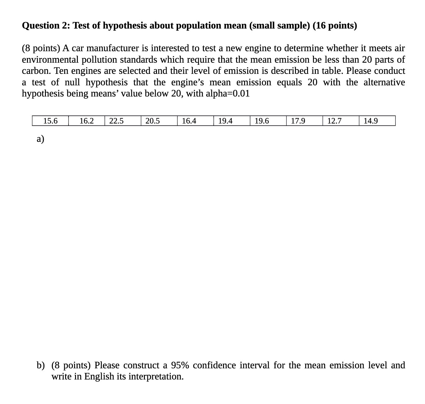 Question 2: Test of hypothesis about population